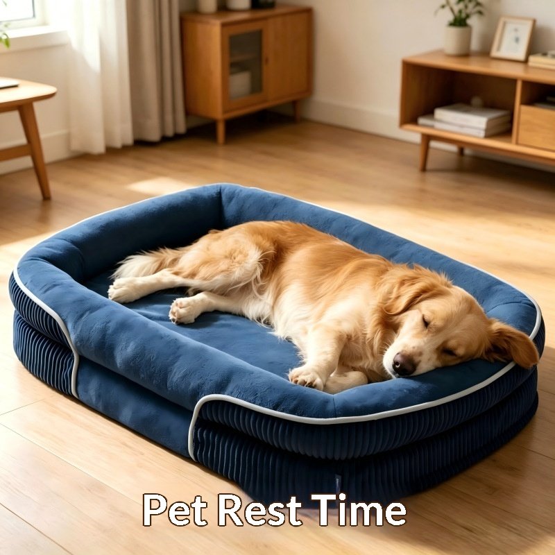 Dog resting in a soft oval bed in a living room